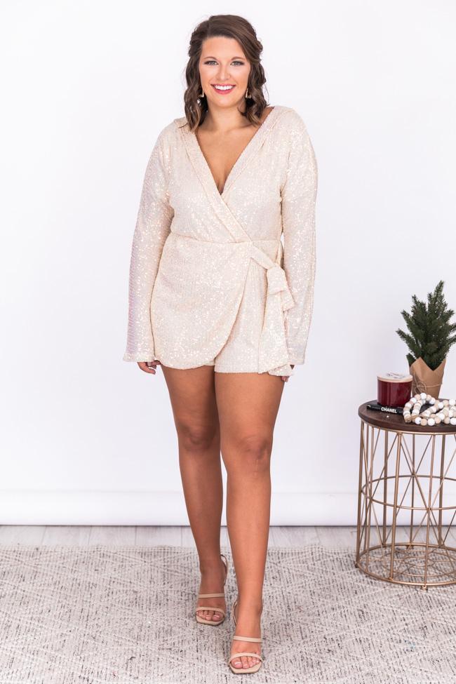 Something To Believe In Champagne Sequin Wrap Romper