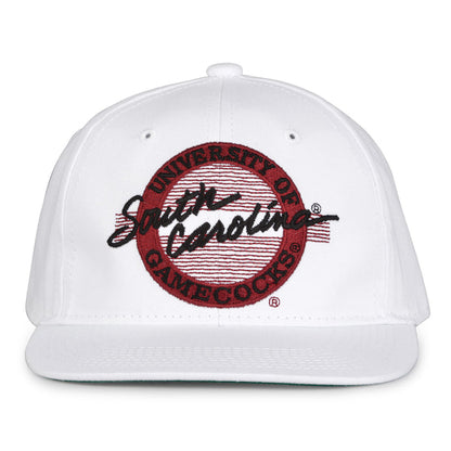 South Carolina Retro Circle snapback hat in white, front view