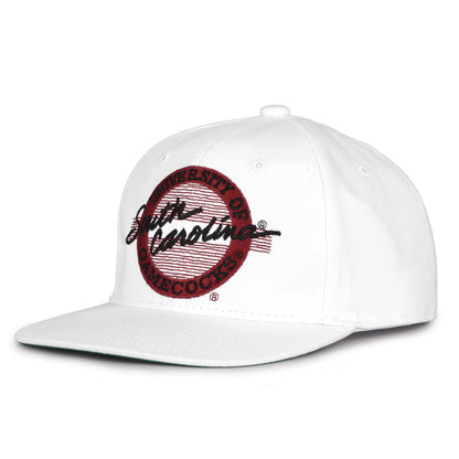 South Carolina Retro Circle snapback hat in white, angled view