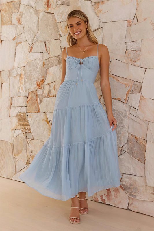 Spaghetti Strap Open Back Flared Maxi Vacation Dress