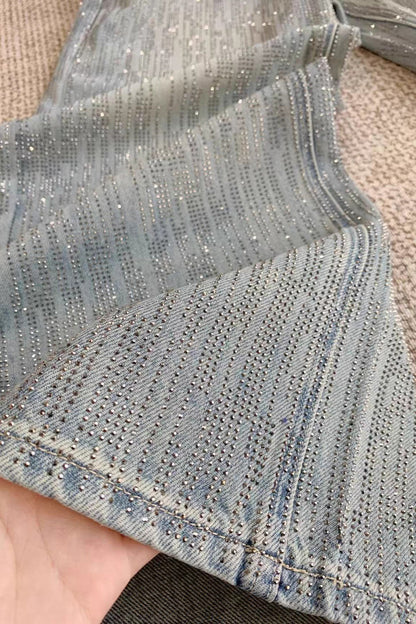 Sparkly All Rhinestone Washed Loose Wide Leg Jeans