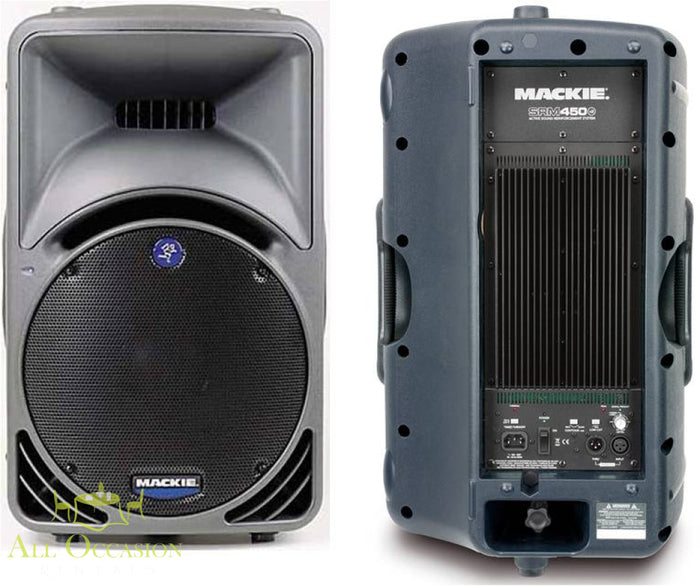 Image of Mackie SRM450 powered monitor for Speaker Rental, showcasing front and back views for clear sound and reliability.