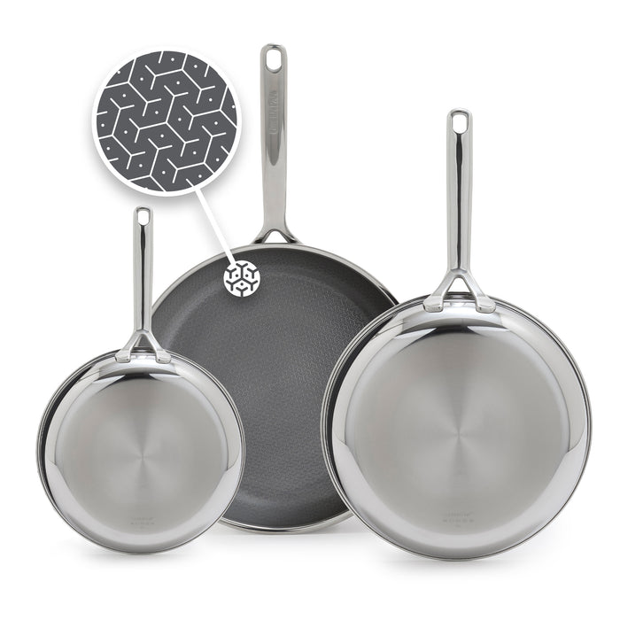 Spectra Diamond Thermobond hybrid ceramic nonstick frypan set in 8, 10, and 12-inch sizes, featuring a geometric surface pattern inset.