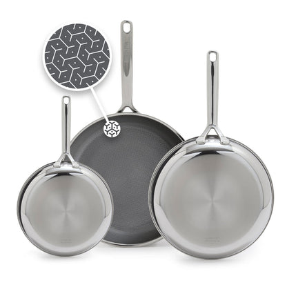 Spectra Diamond Thermobond hybrid ceramic nonstick frypan set in 8, 10, and 12-inch sizes, featuring a geometric surface pattern inset.