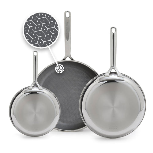 Spectra Diamond Thermobond hybrid ceramic nonstick frypan set in 8, 10, and 12-inch sizes, featuring a geometric surface pattern inset.