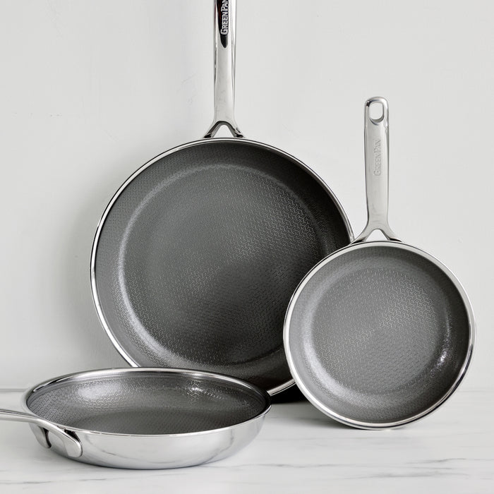 Spectra Diamond Thermobond ceramic nonstick frypan set in 8, 10, and 12-inch sizes with silver handles and textured grey interiors.
