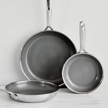Spectra Diamond Thermobond ceramic nonstick frypan set in 8, 10, and 12-inch sizes with silver handles and textured grey interiors.