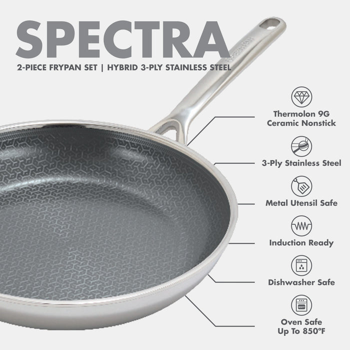Spectra Diamond Thermobond hybrid ceramic nonstick frypan set including 8-inch, 10-inch, and 12-inch pans with textured interiors.