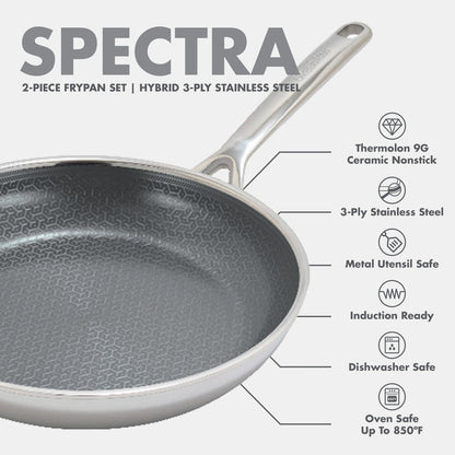 Spectra Diamond Thermobond hybrid ceramic nonstick frypan set including 8-inch, 10-inch, and 12-inch pans with textured interiors.