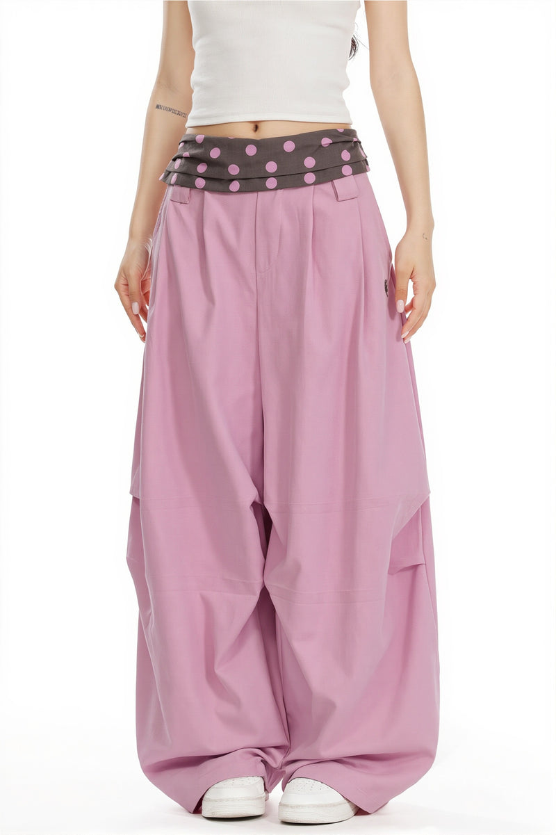 Splice Polka Dot Fold Waist Pants