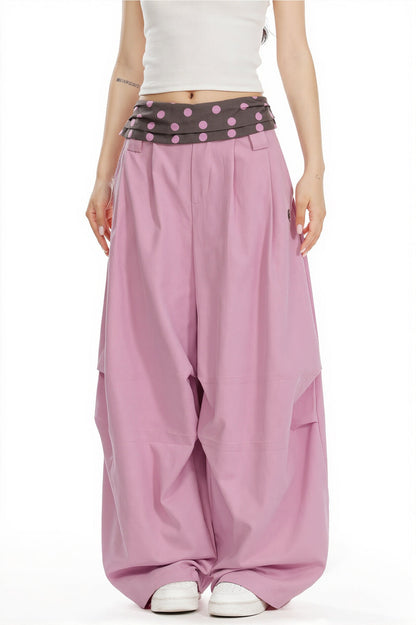 Splice Polka Dot Fold Waist Pants
