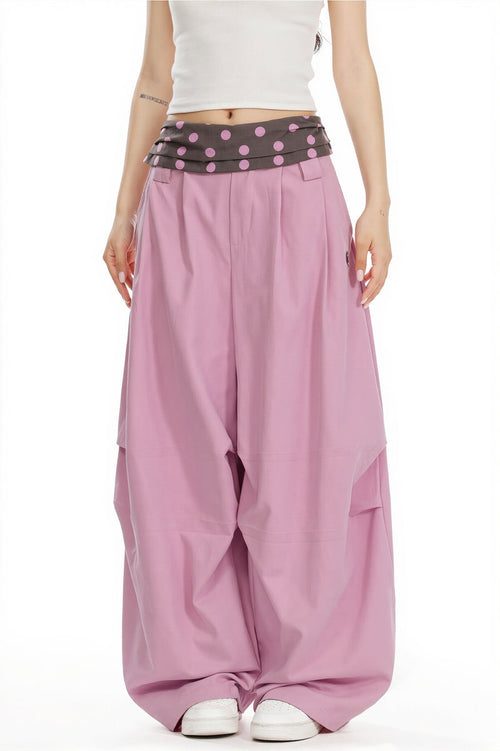 Splice Polka Dot Fold Waist Pants