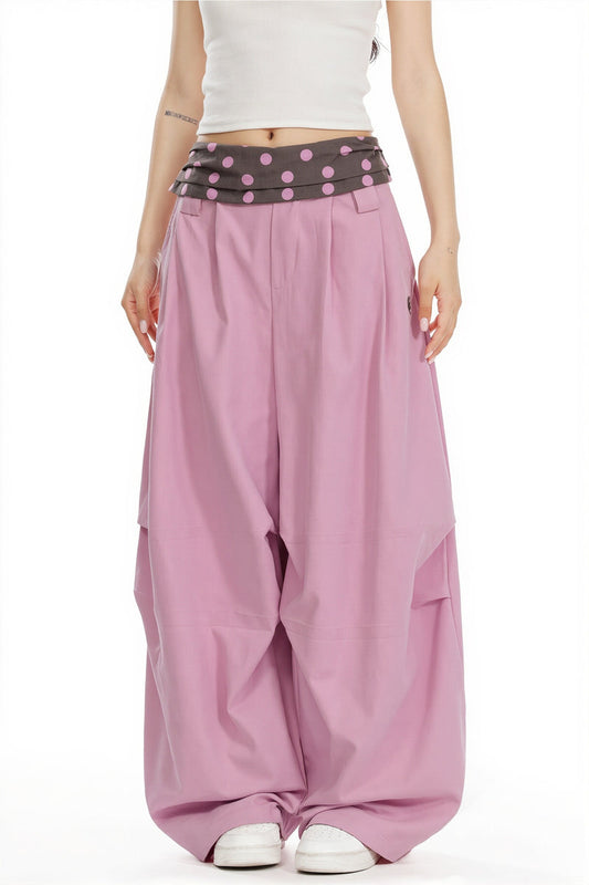 Splice Polka Dot Fold Waist Pants