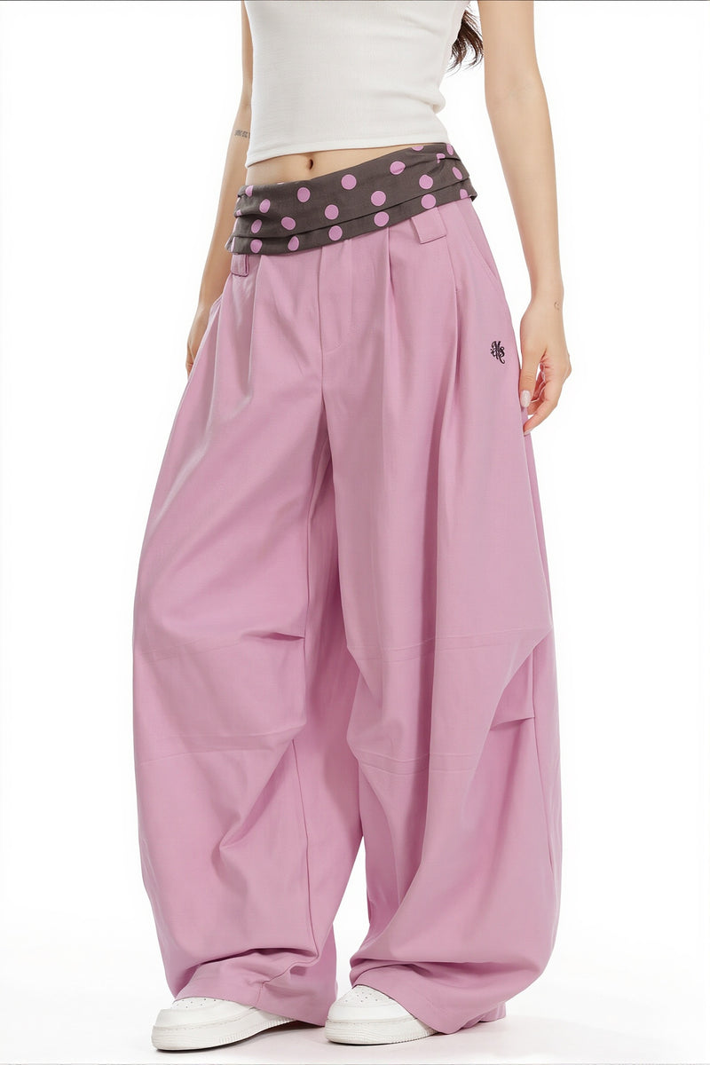 Splice Polka Dot Fold Waist Pants
