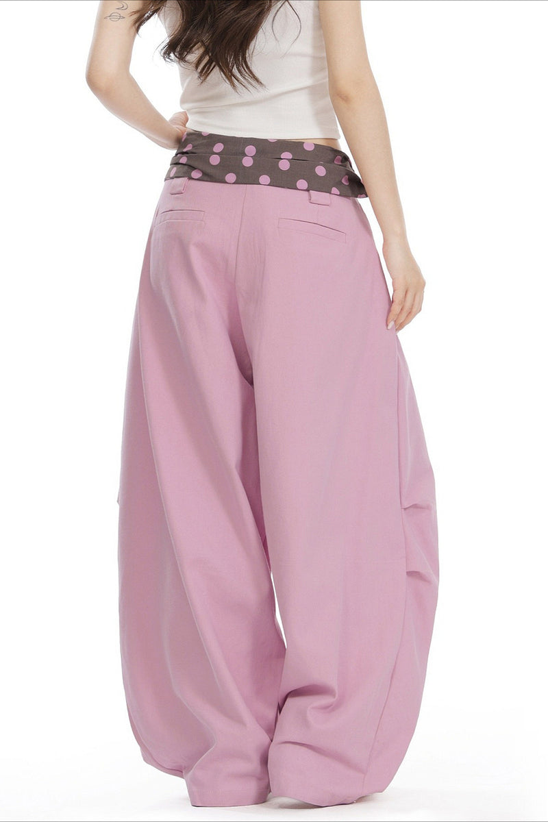 Splice Polka Dot Fold Waist Pants