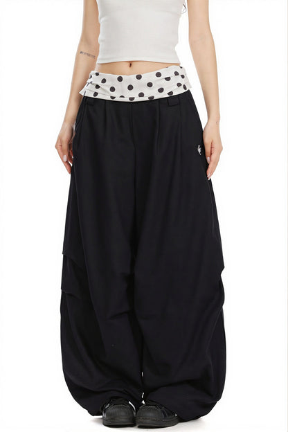 Splice Polka Dot Fold Waist Pants