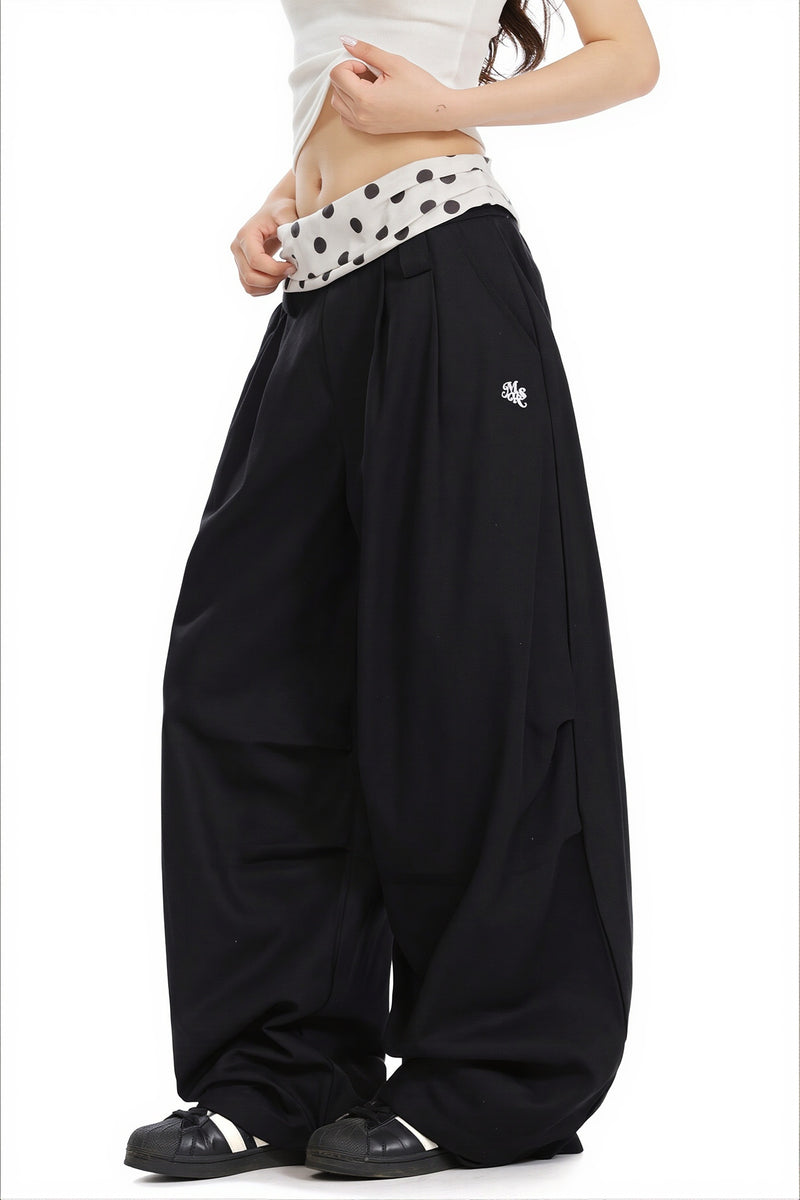 Splice Polka Dot Fold Waist Pants