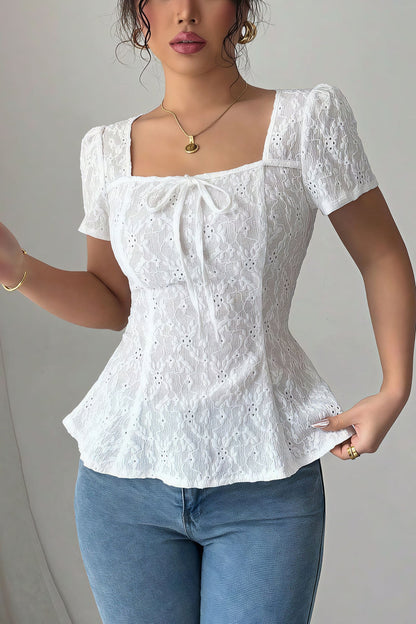 Square Neck Bow Lace Short Sleeve Blouse