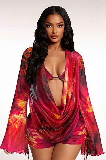 Square Neck Mesh Panel Graffiti Print Two Piece Set
