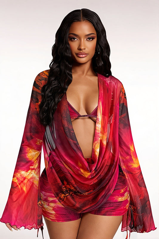 Square Neck Mesh Panel Graffiti Print Two Piece Set