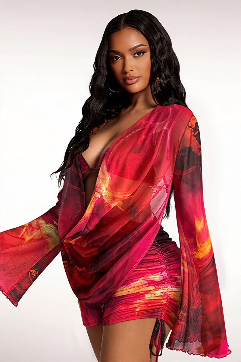 Square Neck Mesh Panel Graffiti Print Two Piece Set