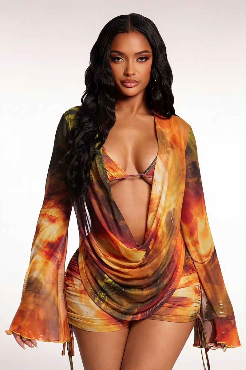 Square Neck Mesh Panel Graffiti Print Two Piece Set