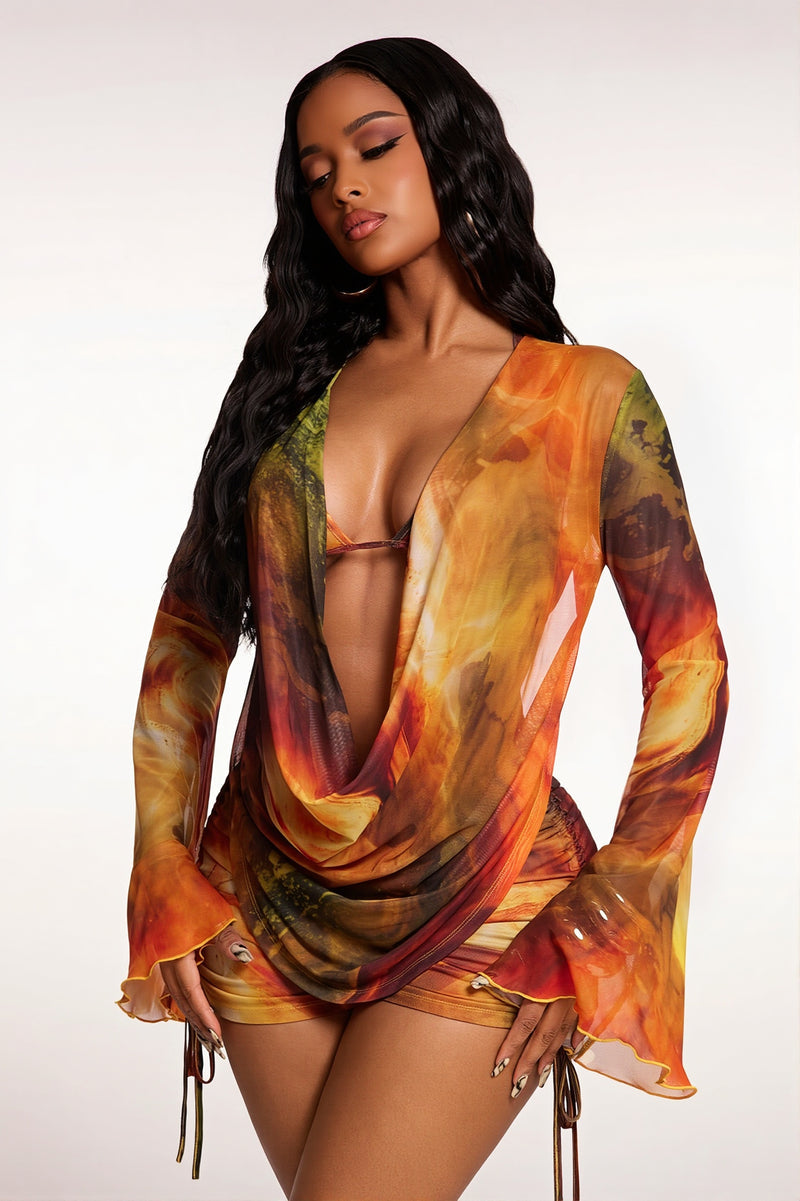 Square Neck Mesh Panel Graffiti Print Two Piece Set