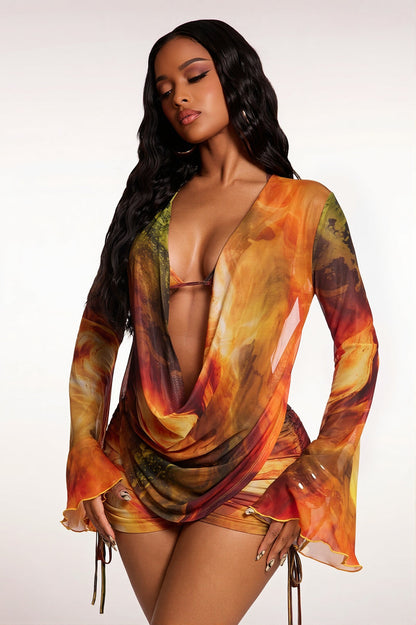Square Neck Mesh Panel Graffiti Print Two Piece Set