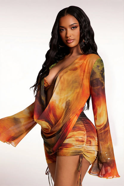 Square Neck Mesh Panel Graffiti Print Two Piece Set