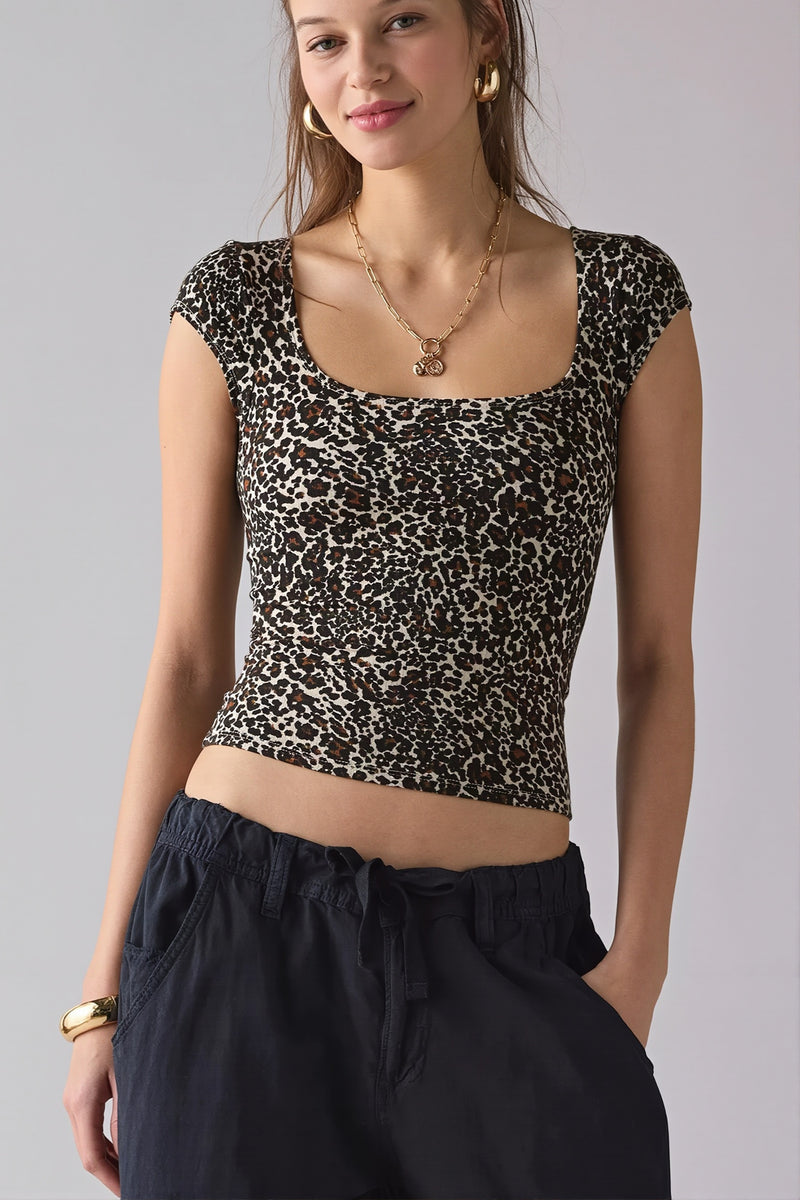 Square Neck Ribbed Printed T-shirt