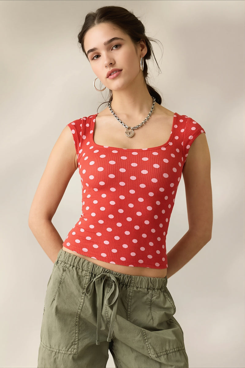 Square Neck Ribbed Printed T-shirt