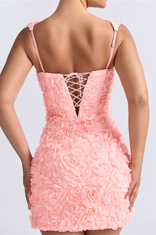 Square Neck Stereo Flower Mini Dress