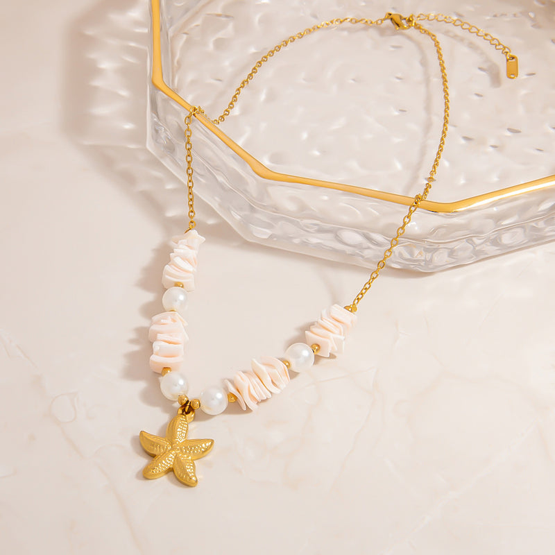 Stainless Steel Natural Stone Pearl Starfish Sun NeckLace