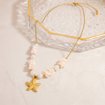 Stainless Steel Natural Stone Pearl Starfish Sun NeckLace