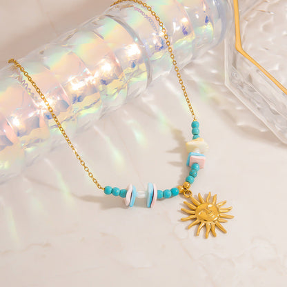 Stainless Steel Natural Stone Pearl Starfish Sun NeckLace