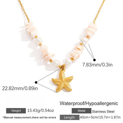 Stainless Steel Natural Stone Pearl Starfish Sun NeckLace