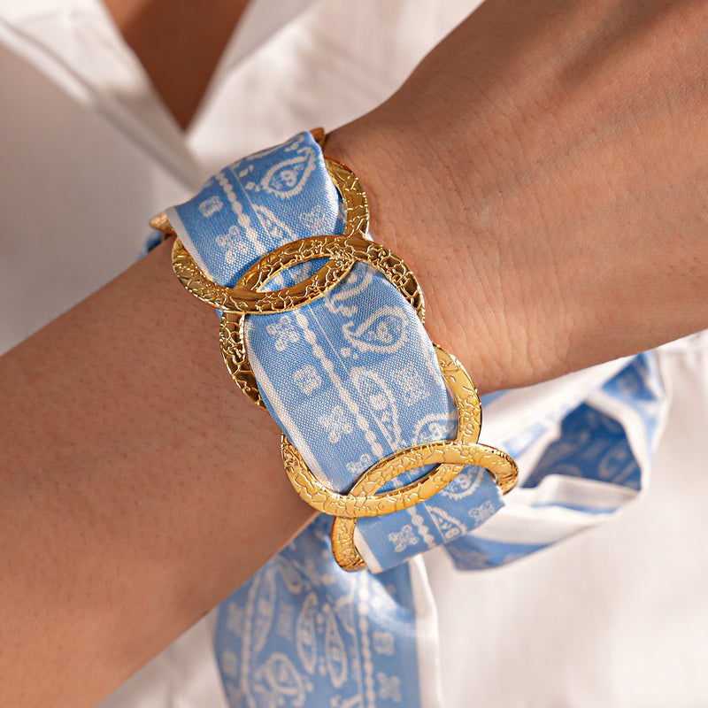 Stainless Steel Round Hollow Fabric Open Bracelet
