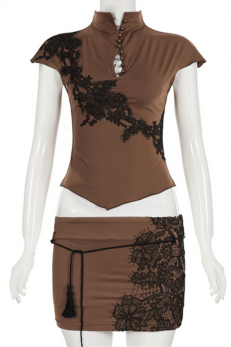 Stand Collar Hollow Lace Patch Skirt Set