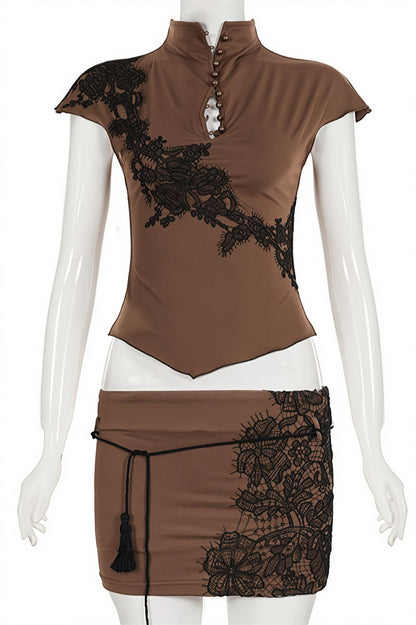 Stand Collar Hollow Lace Patch Skirt Set