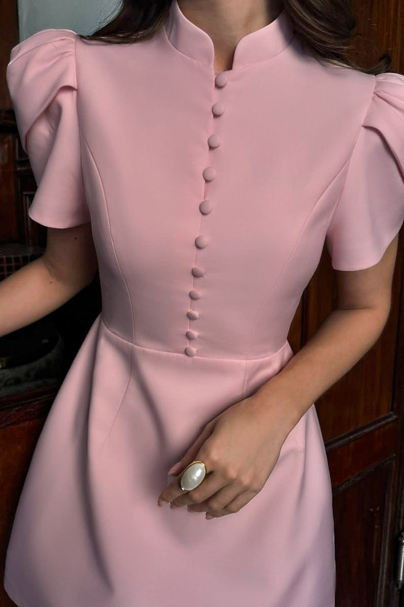 Stand Collar Puff Sleeve Mini Dress