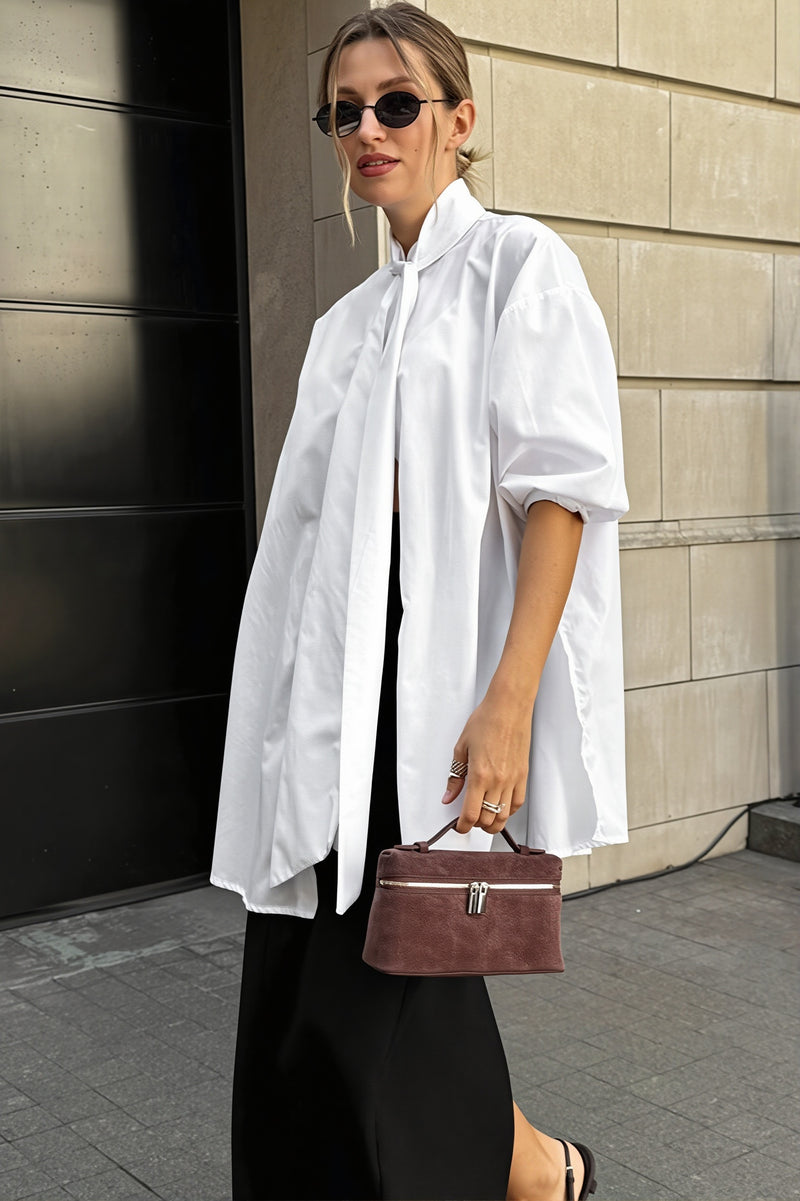 Stand Collar Tie White Elegant Blouse