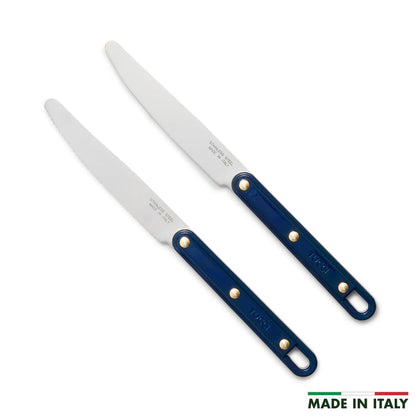 Two kitchen knives with blue handles on a white background, featuring 'Made in Italy' text.