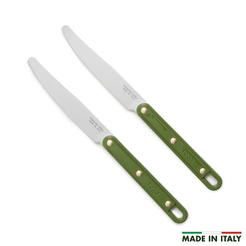Two kitchen knives with green handles on a white background, featuring 'Made in Italy' text.