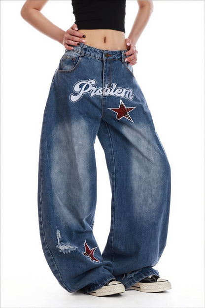 Star Embroidered Baggy Jeans