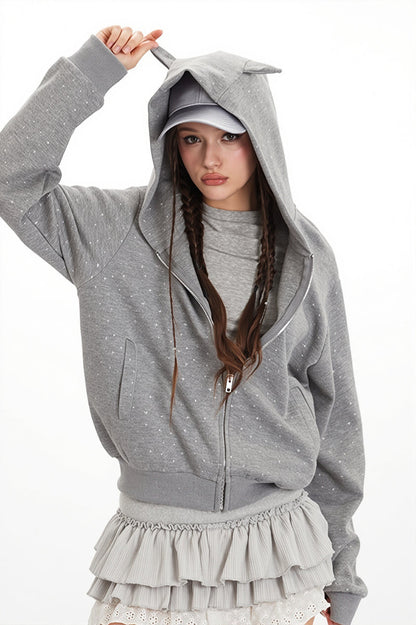 Star Print Ear Decor Cropped Hoodie