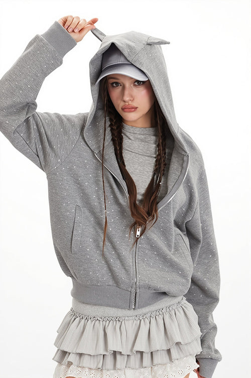 Star Print Ear Decor Cropped Hoodie