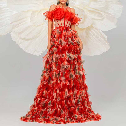 Straples Corset Appliqued Ruffled Tulle Prom Dress