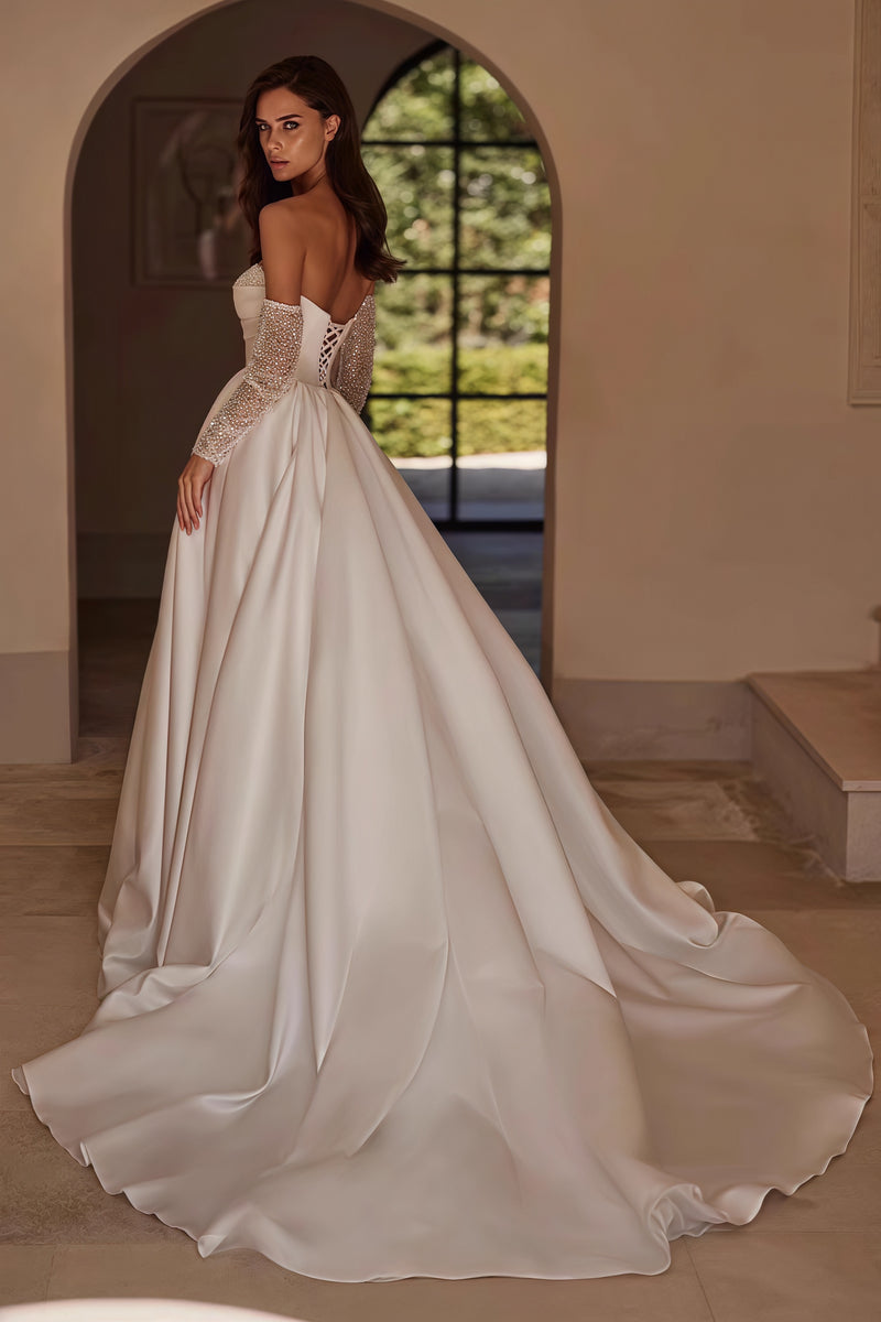 Strapless Beaded High Slit Satin Train Wedding Dress