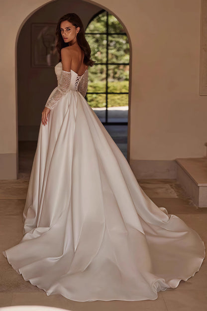 Strapless Beaded High Slit Satin Train Wedding Dress