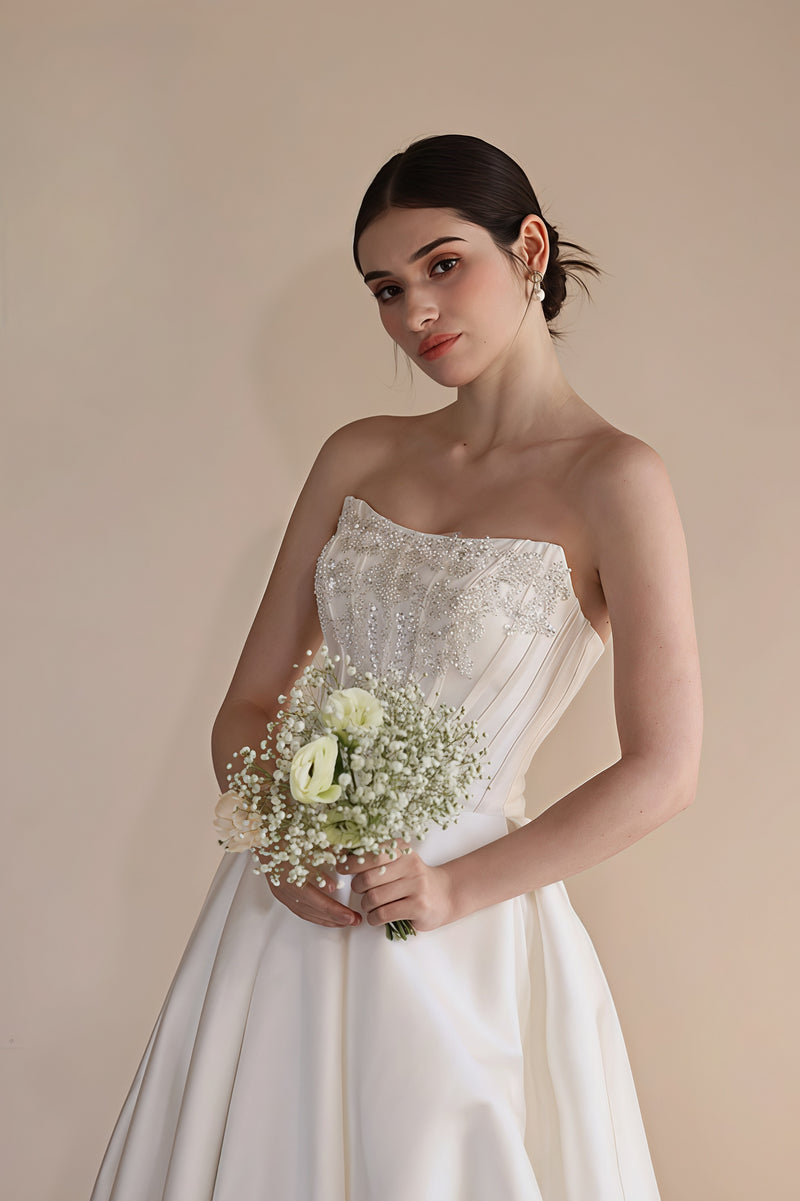 Strapless Boning Rhinestone Satin Wedding Dress